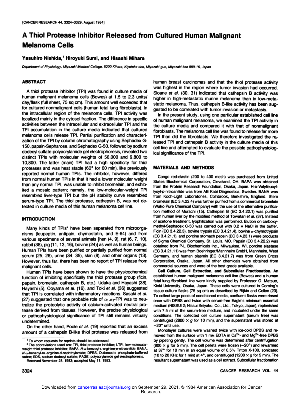 A Thiol Protease Inhibitor Released from Cultured Human Malignant Melanoma Cells