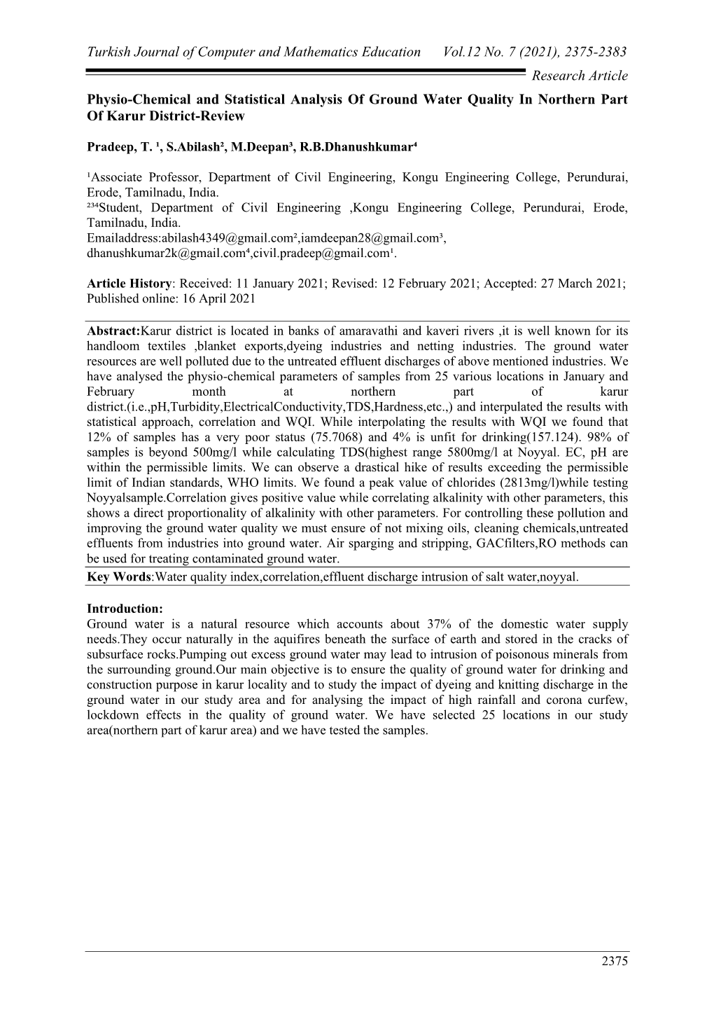 2375-2383 Research Article Physio-Chemical and Statistical Analysis of Ground Water Quality in Northern Part of Karur District-Review