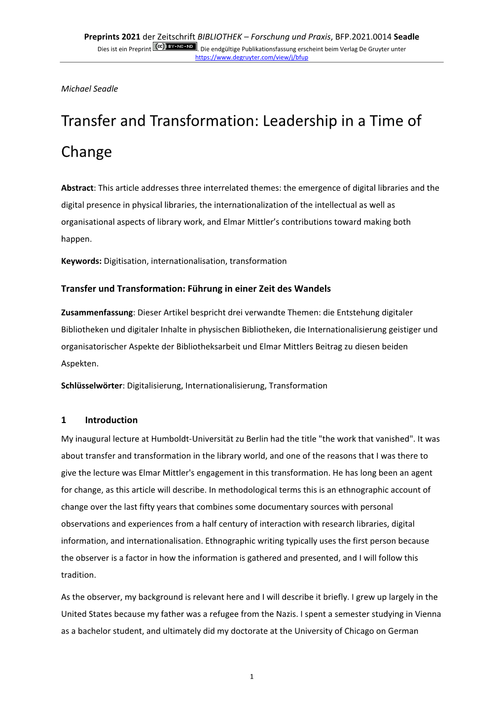 Transfer and Transformation: Leadership in a Time of Change
