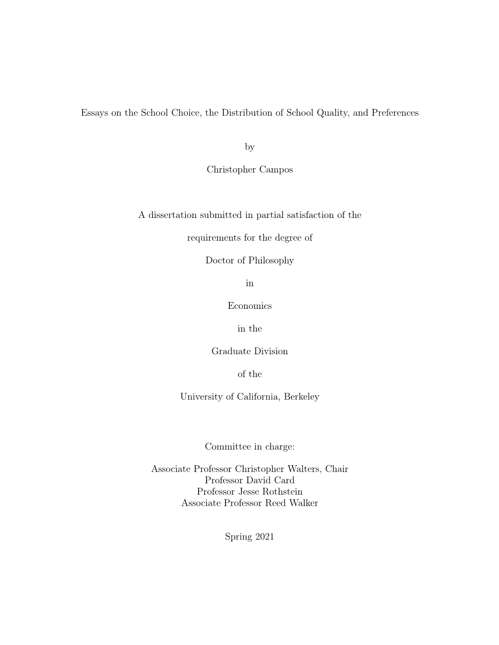 Essays on the School Choice, the Distribution of School Quality, and Preferences