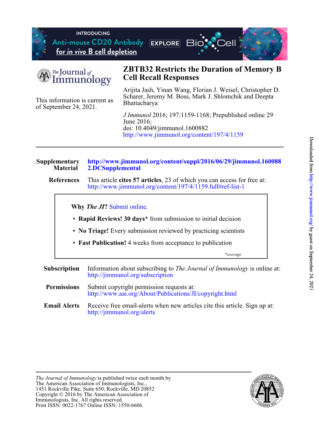 ZBTB32 Restricts the Duration of Memory B Cell Recall Responses Arijita Jash, Yinan Wang, Florian J