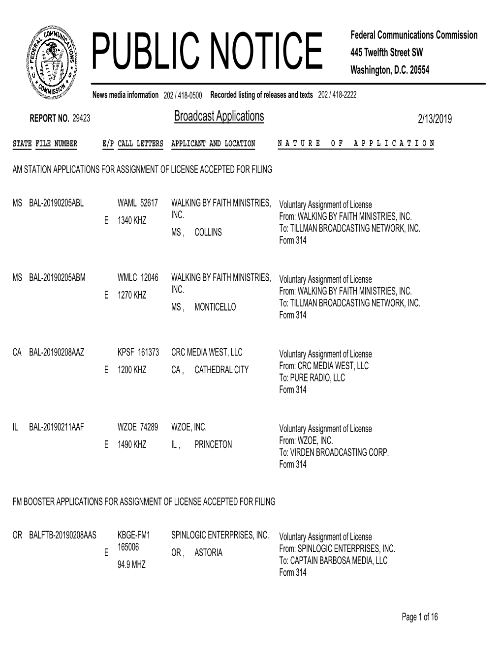 Broadcast Applications 2/13/2019