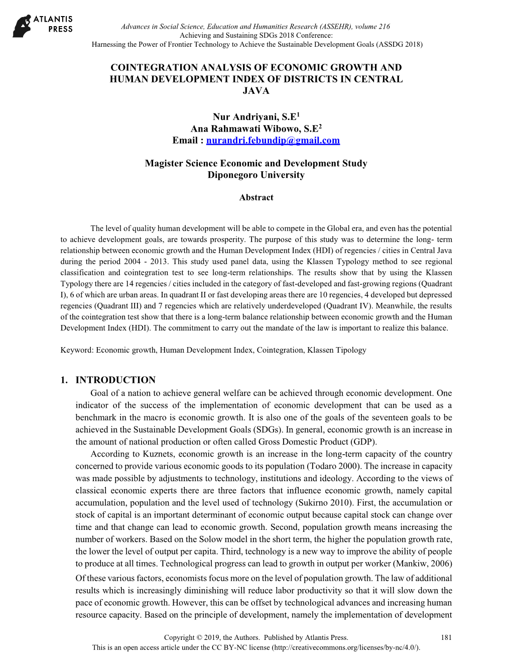 Cointegration Analysis of Economic Growth and Human Development Index of Districts in Central Java