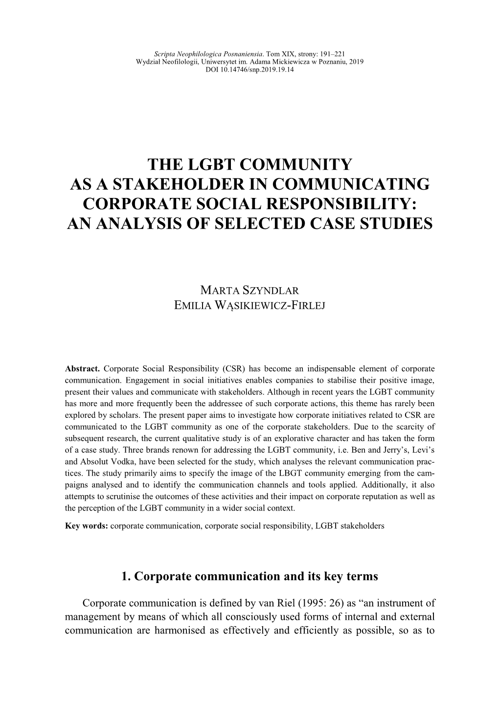 The Lgbt Community As a Stakeholder in Communicating Corporate Social Responsibility: an Analysis of Selected Case Studies