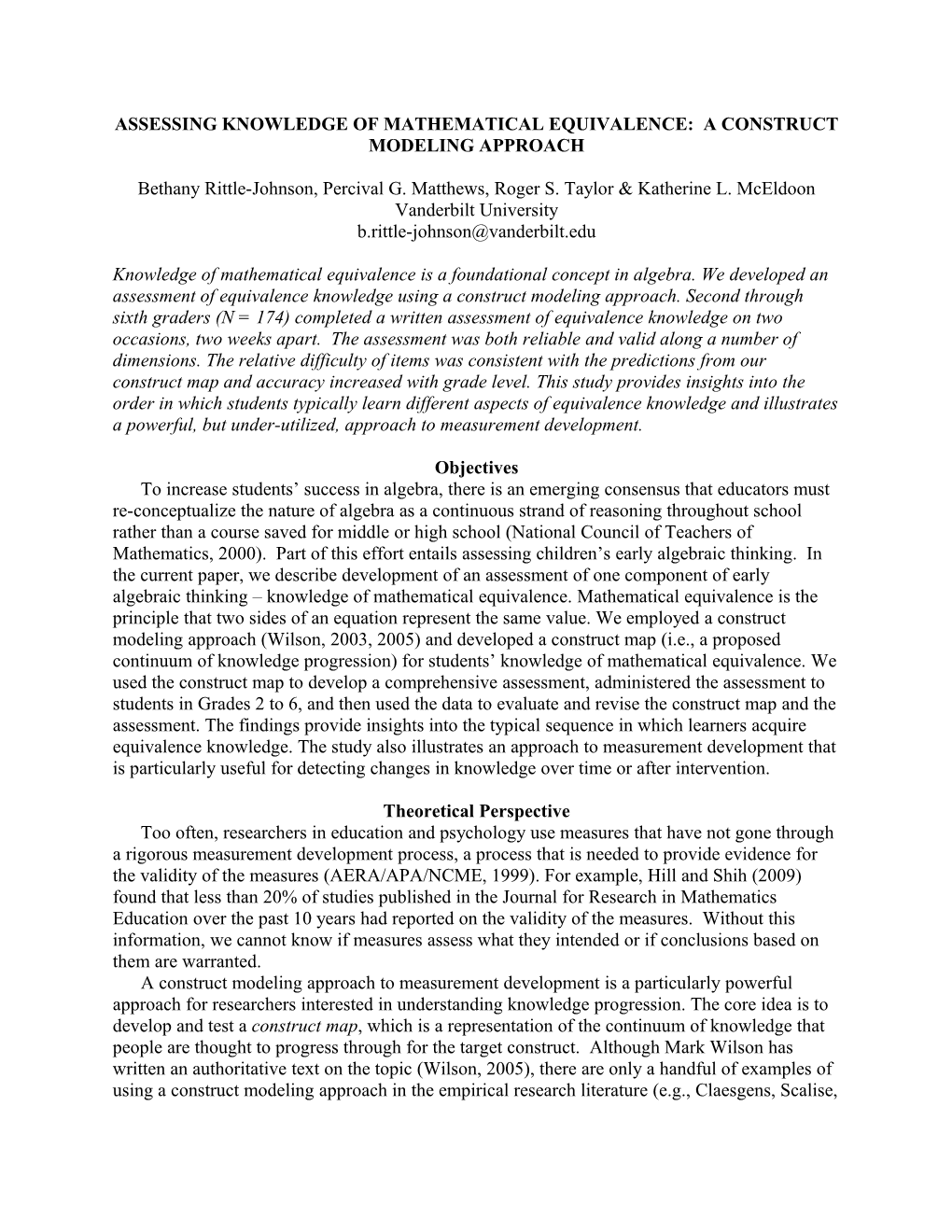 Assessing Knowledge of Mathematical Equivalence: a Construct Modeling Approach