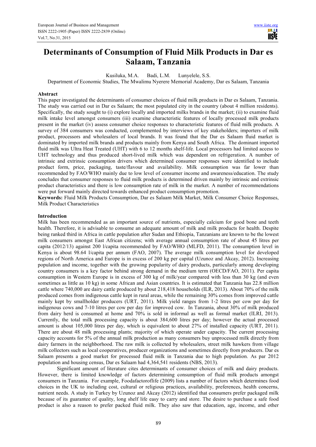 Determinants of Consumption of Fluid Milk Products in Dar Es Salaam, Tanzania