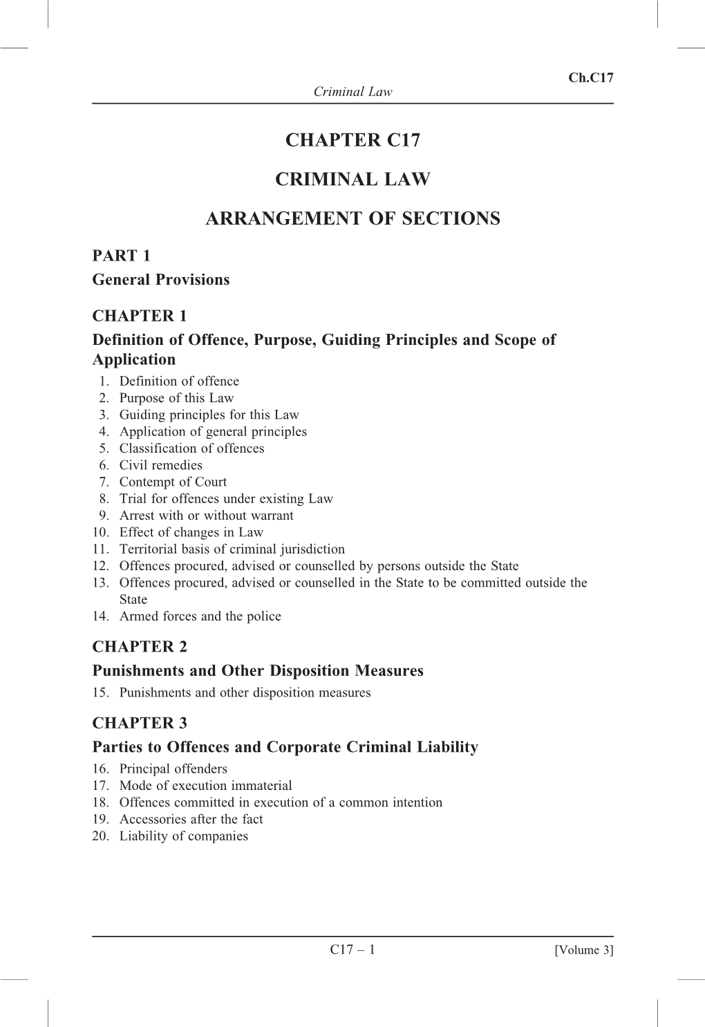 Chapter C17 Criminal Law Arrangement of Sections