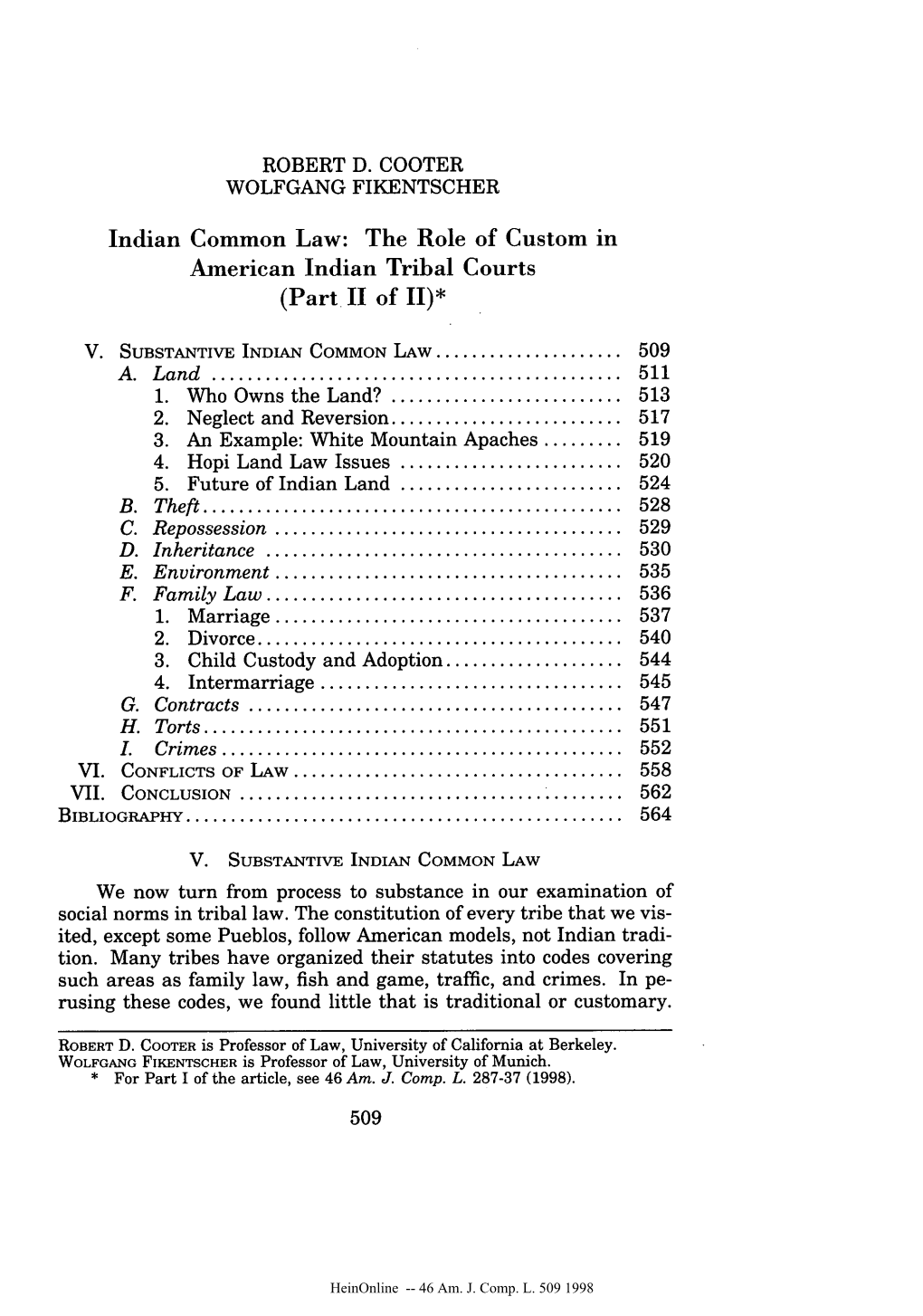 Indian Common Law: the Role of Custom in American Indian Tribal Courts (Part II of II)*