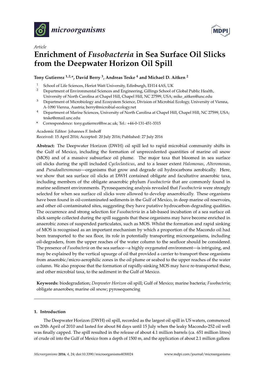 Enrichment of Fusobacteria in Sea Surface Oil Slicks from the Deepwater Horizon Oil Spill