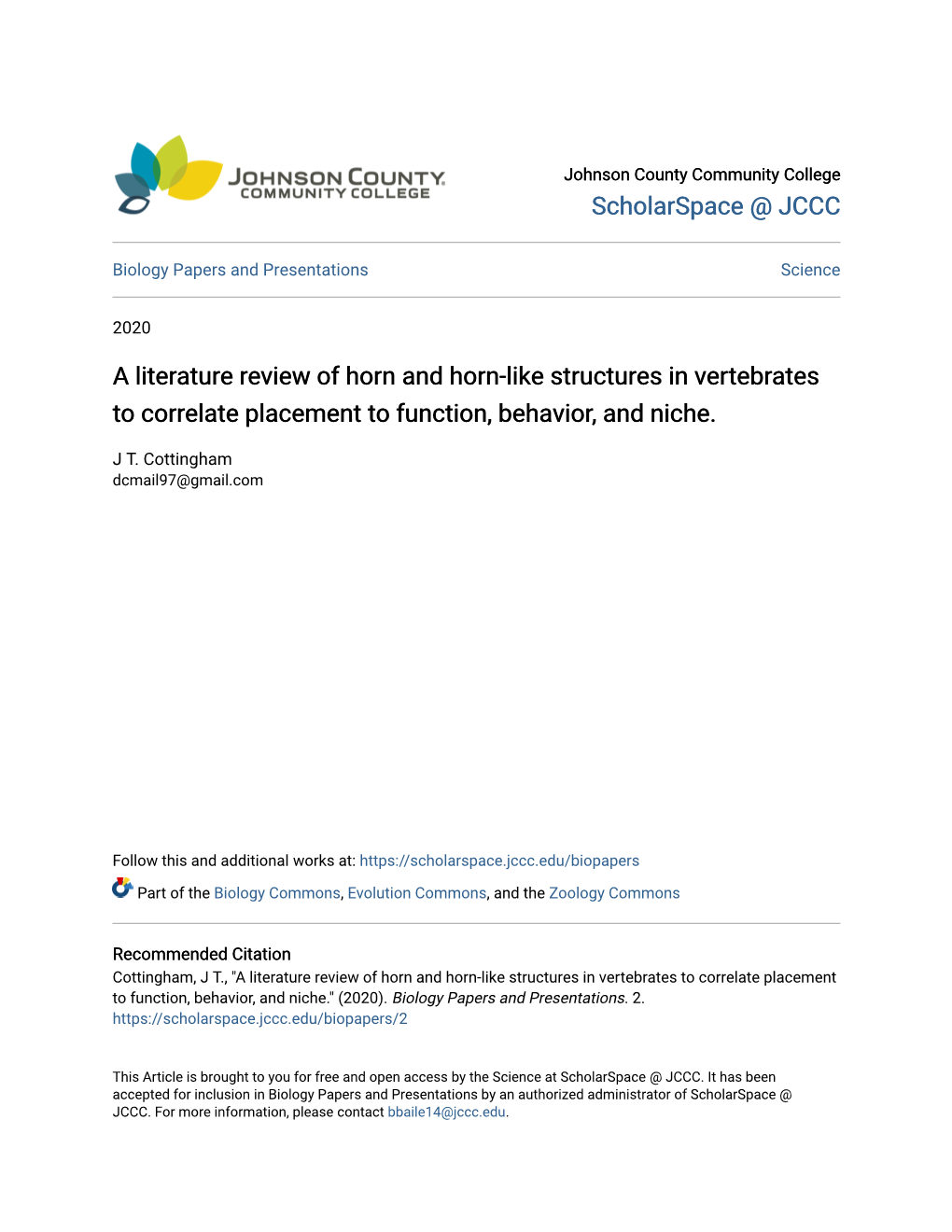 A Literature Review of Horn and Horn-Like Structures in Vertebrates to Correlate Placement to Function, Behavior, and Niche