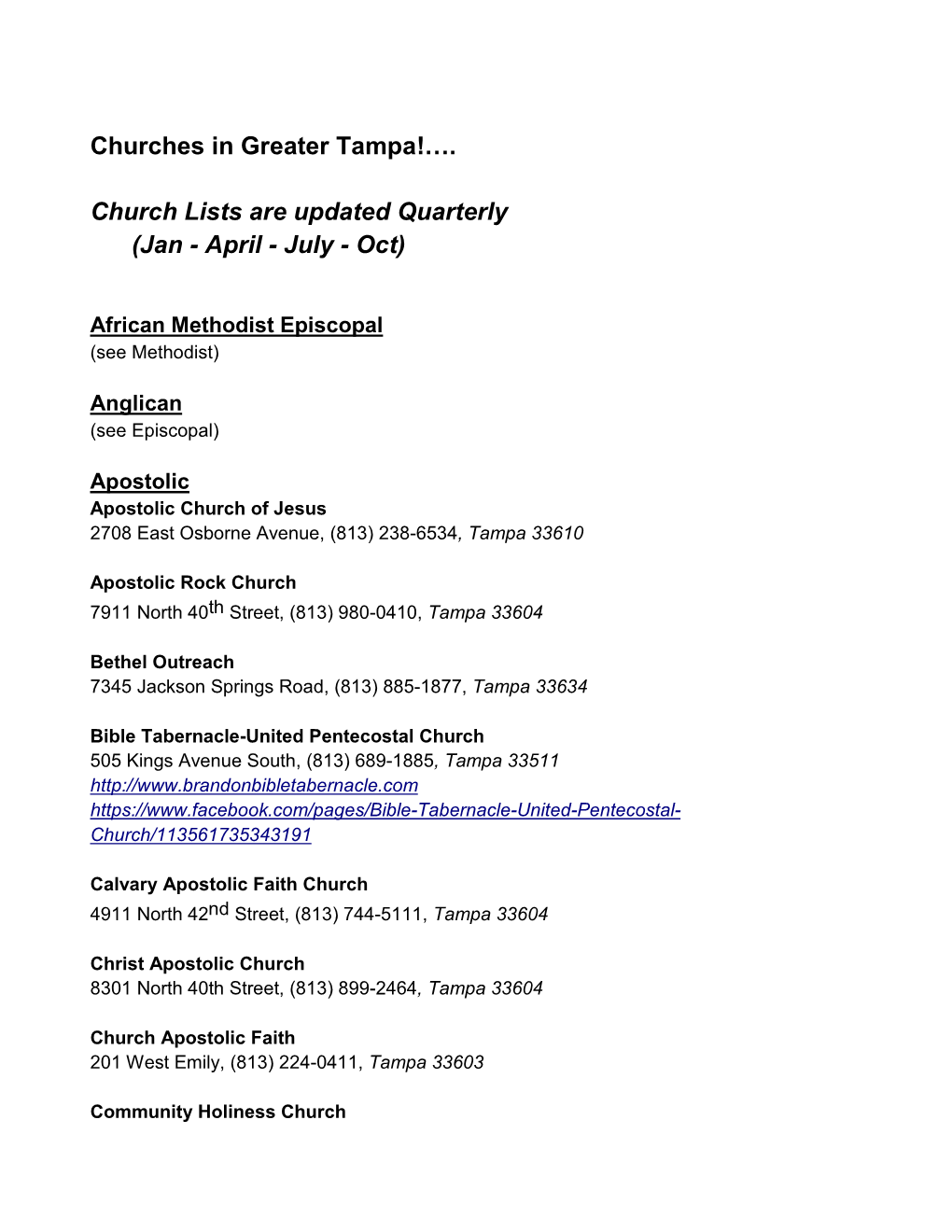 Churches in Greater Tampa!…. Church Lists Are Updated Quarterly