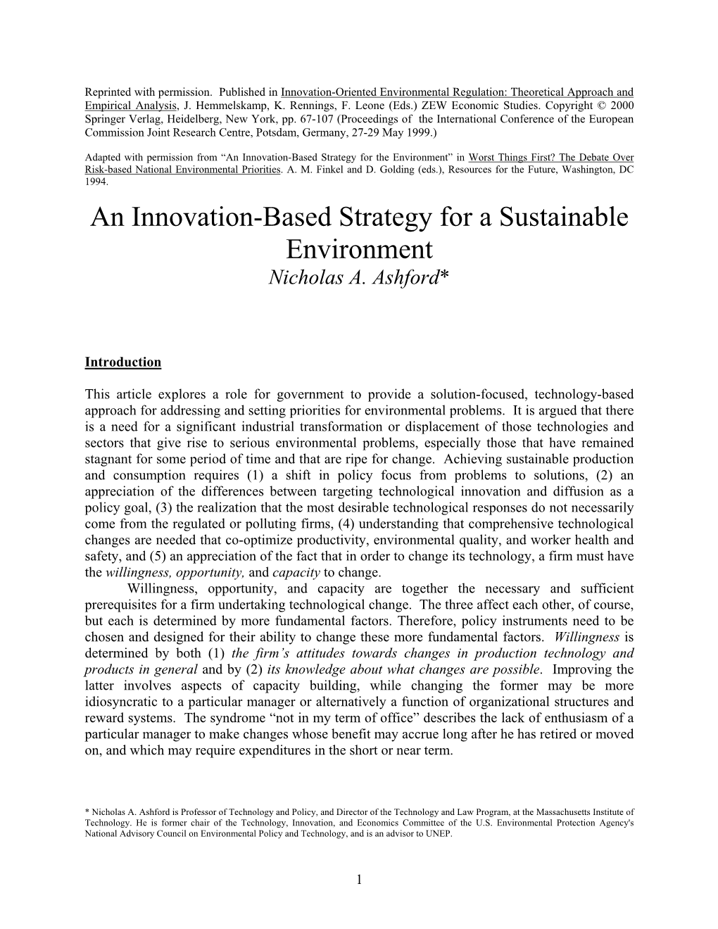 An Innovation-Based Strategy for a Sustainable Environment Nicholas A