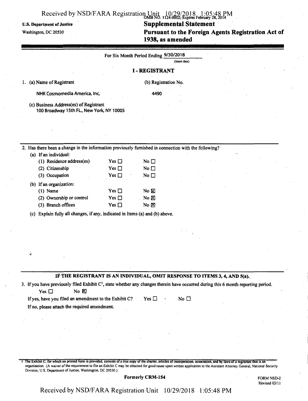 Received by NSD/FARA Registration Received by NSD/FARA