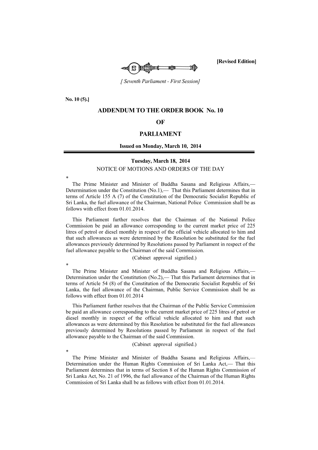 ADDENDUM to the ORDER BOOK No. 10 of PARLIAMENT