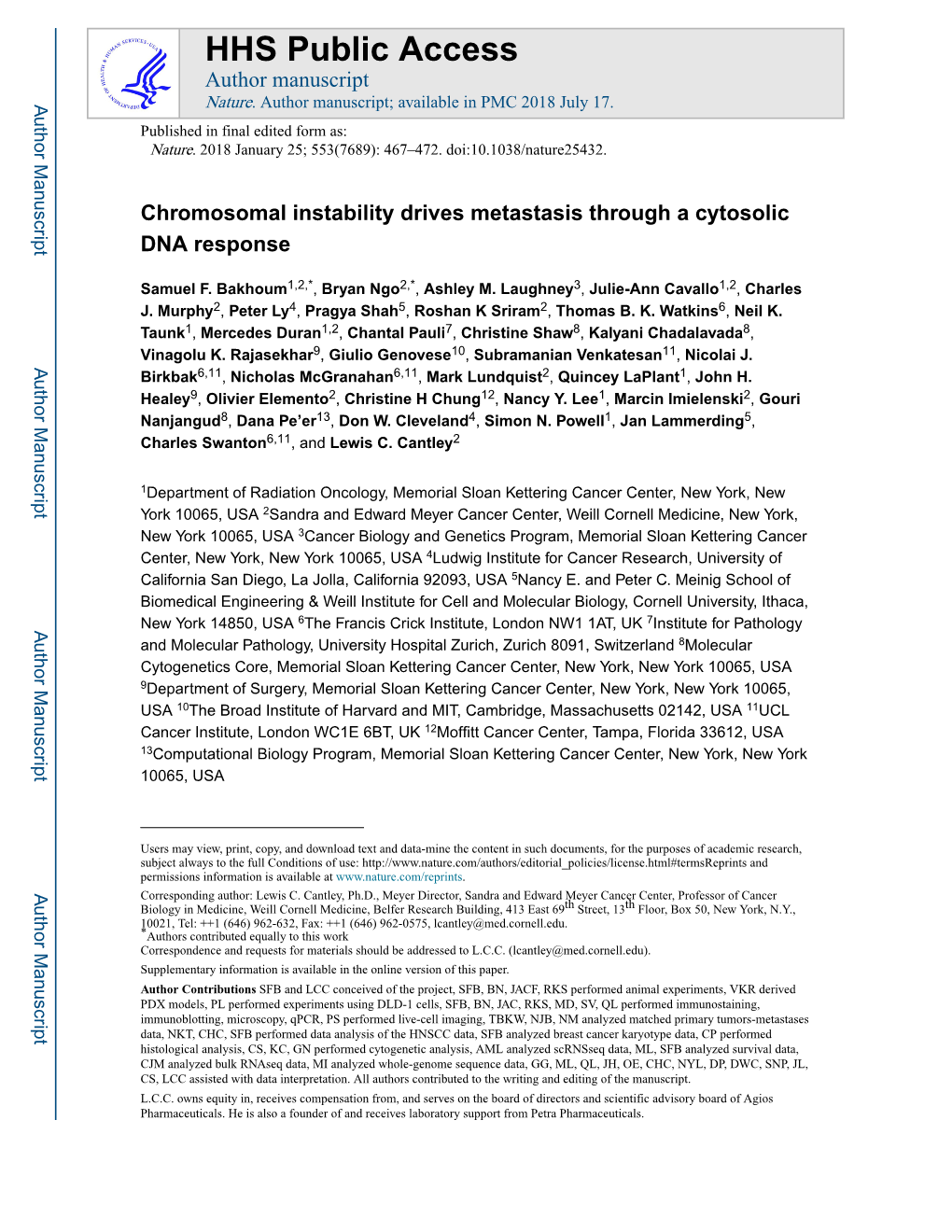 Chromosomal Instability Drives Metastasis Through a Cytosolic DNA Response