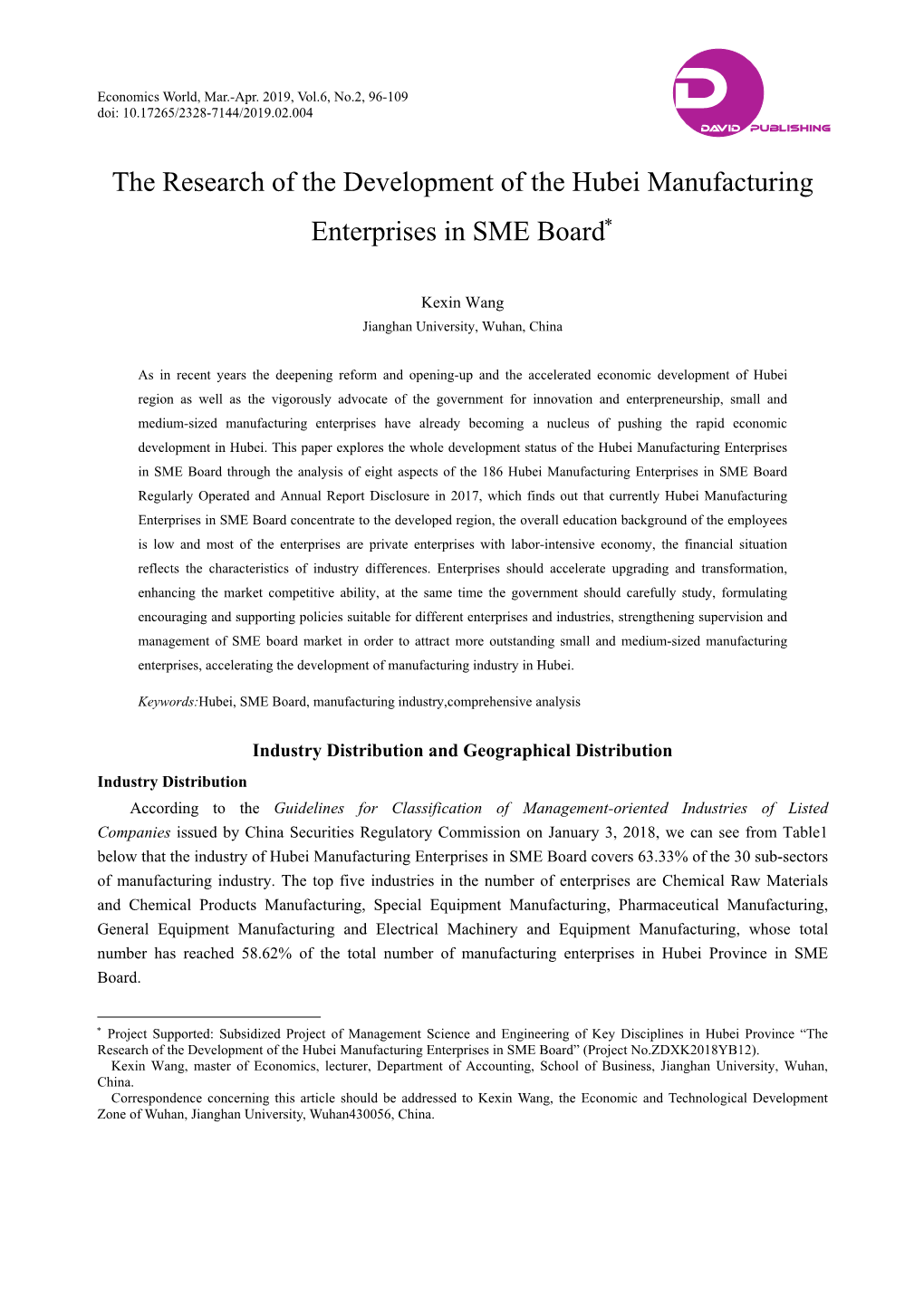 The Research of the Development of the Hubei Manufacturing Enterprises in SME Board