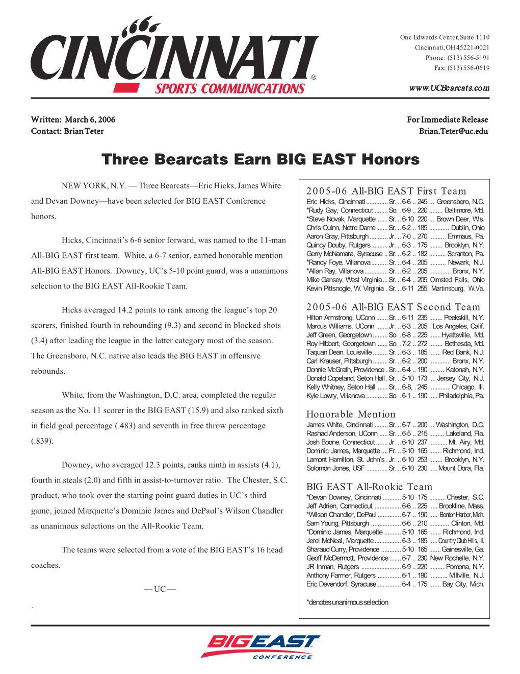 Three Bearcats Earn BIG EAST Honors