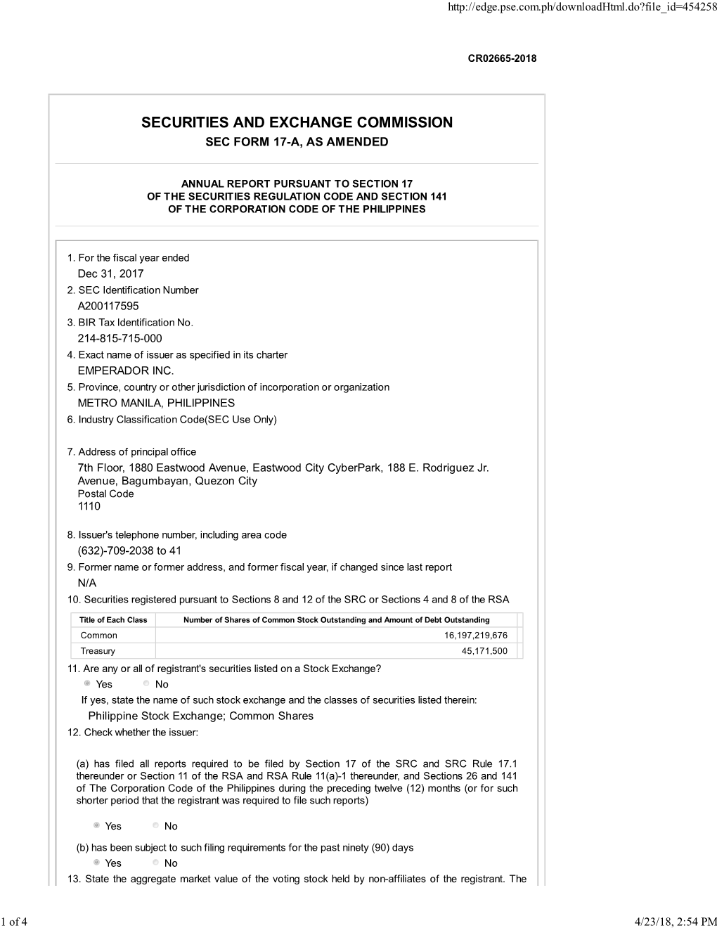 Securities and Exchange Commission Sec Form 17-A, As Amended