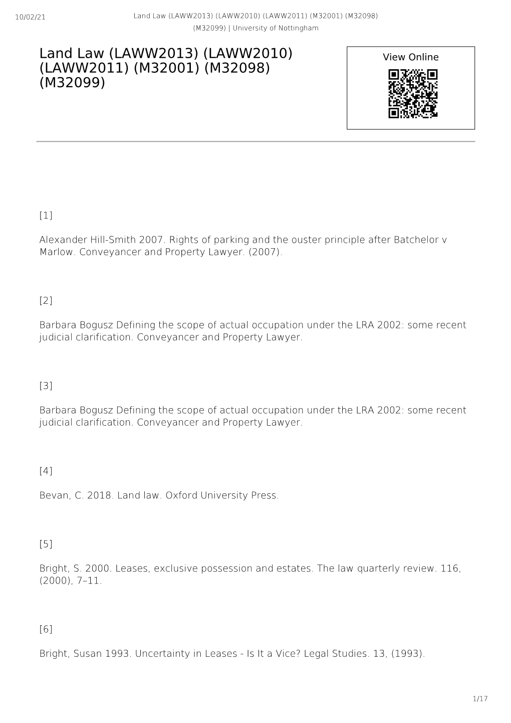 Land Law (LAWW2013) (LAWW2010) (LAWW2011) (M32001) (M32098) (M32099) | University of Nottingham