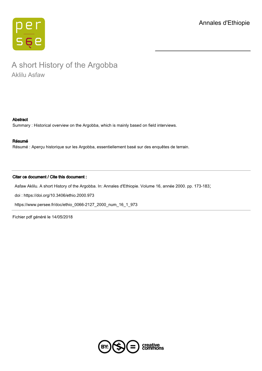 Aklilu Asfaw. a Short History of the Argobba