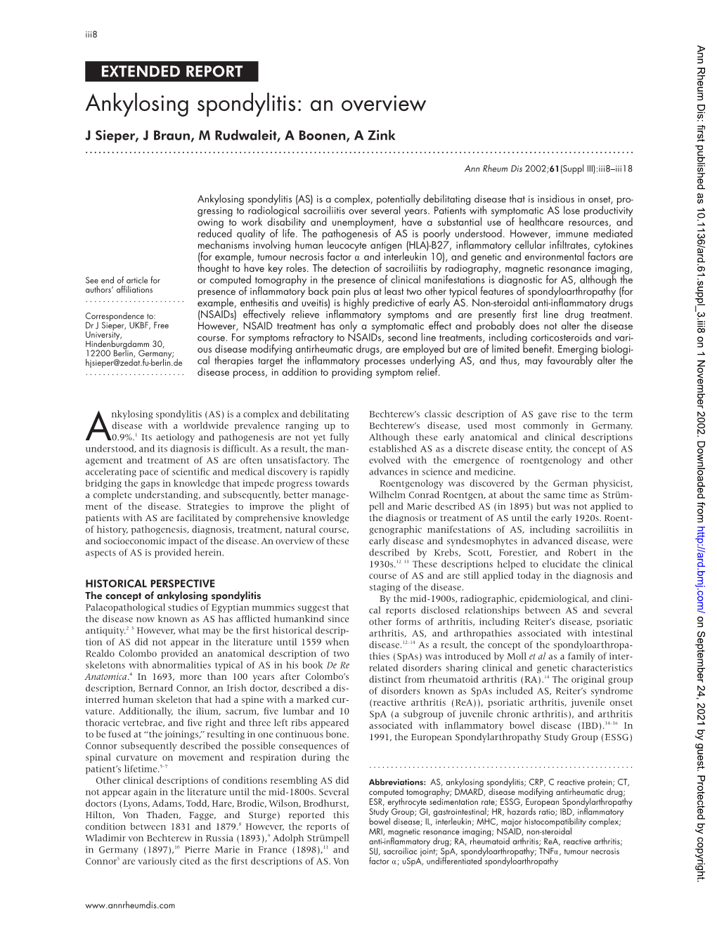 Ankylosing Spondylitis: an Overview J Sieper, J Braun, M Rudwaleit, a Boonen, a Zink