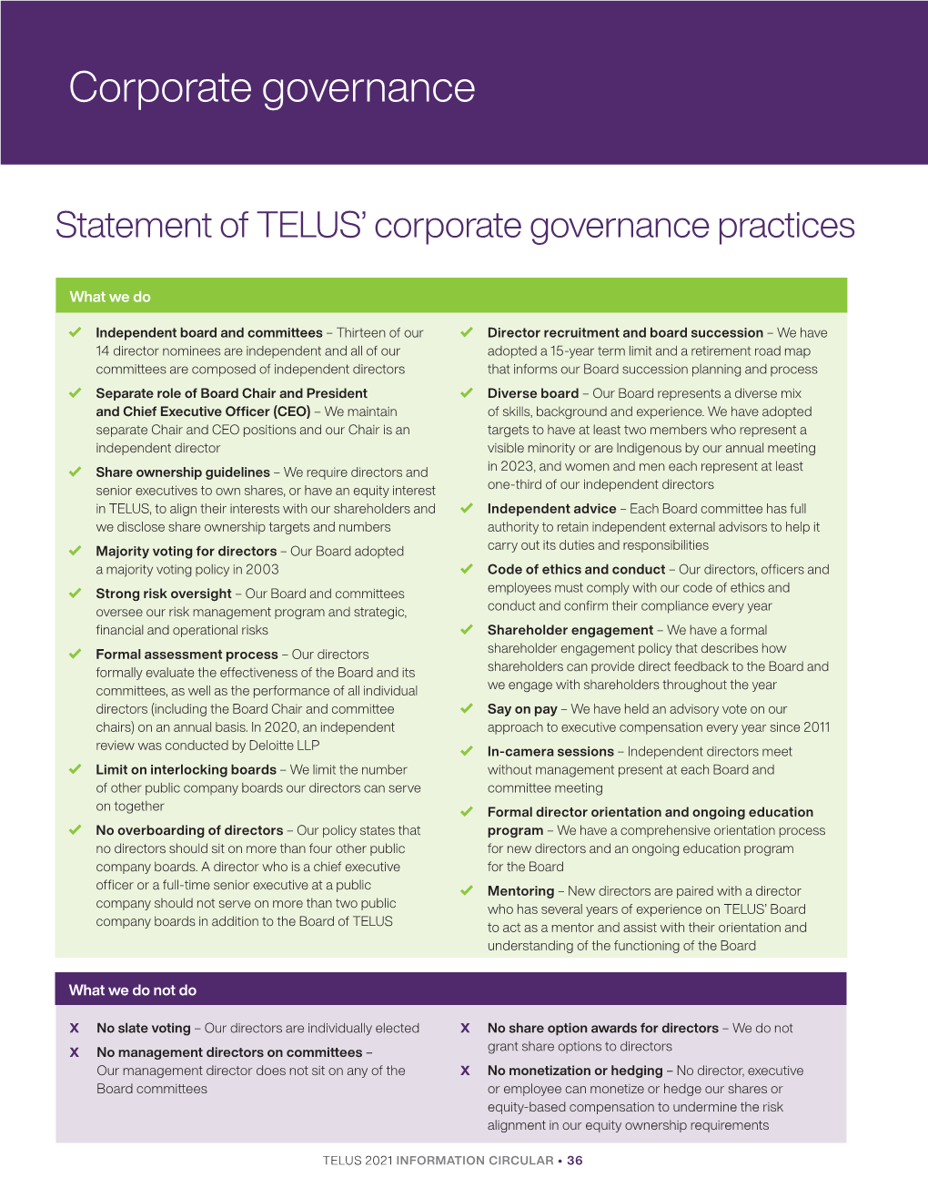 Statement of TELUS' Corporate Governance Practices