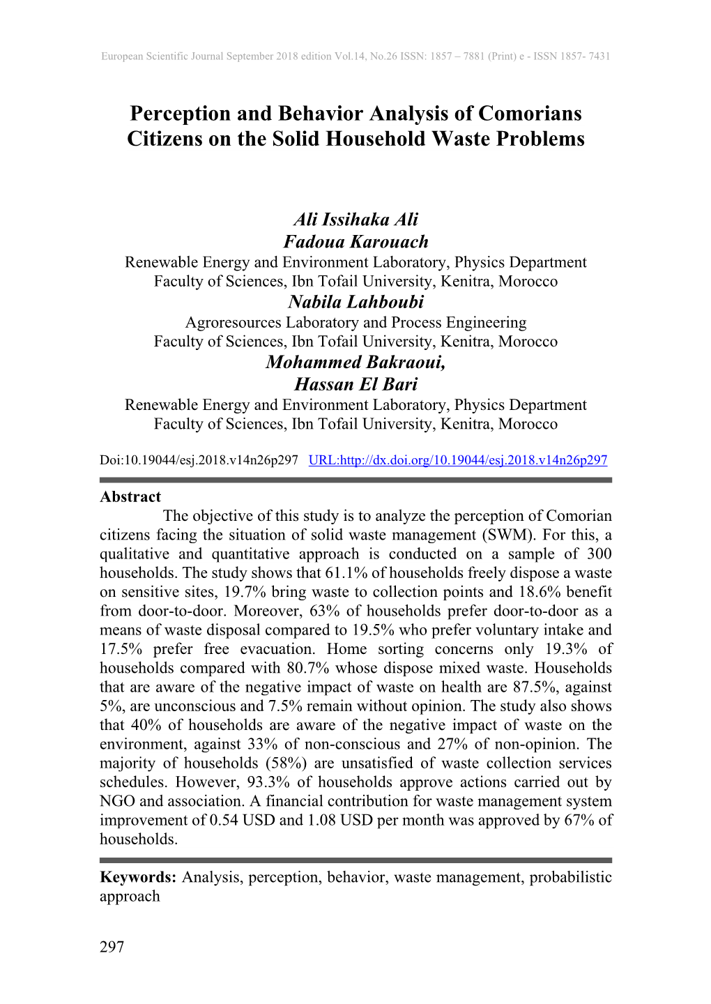 Perception and Behavior Analysis of Comorians Citizens on the Solid Household Waste Problems