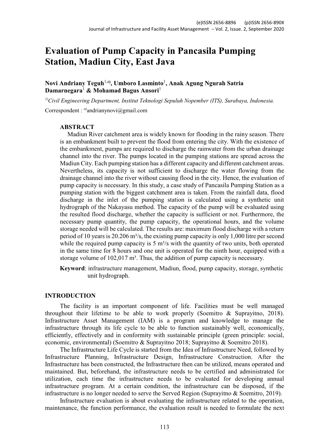 Evaluation of Pump Capacity in Pancasila Pumping Station, Madiun City, East Java