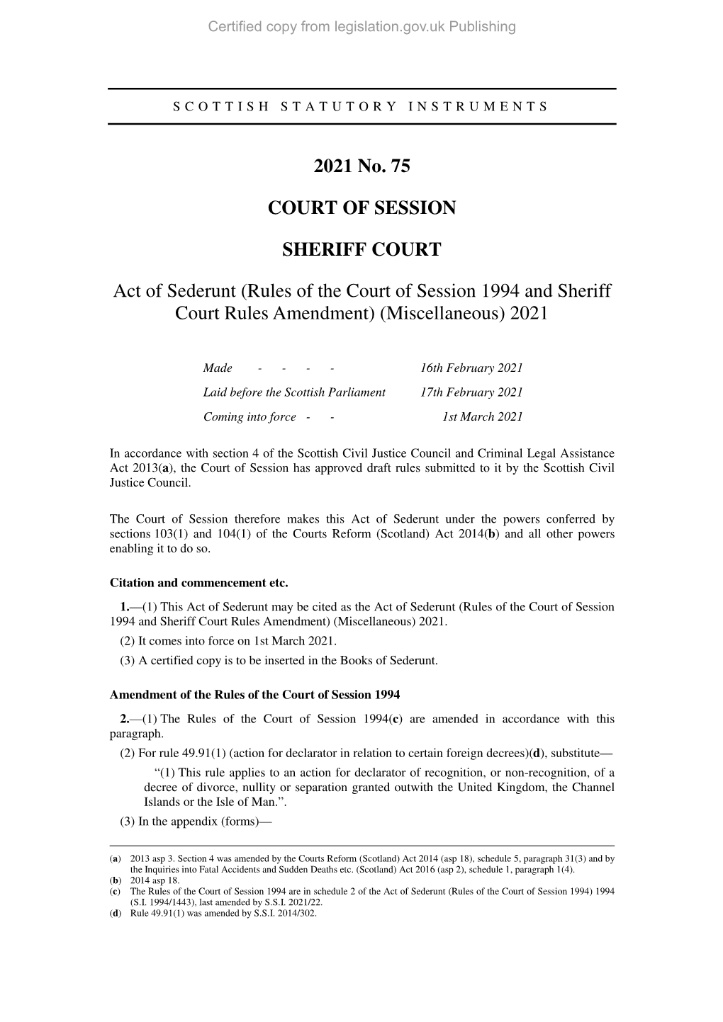 Act of Sederunt (Rules of the Court of Session 1994 and Sheriff Court Rules Amendment) (Miscellaneous) 2021