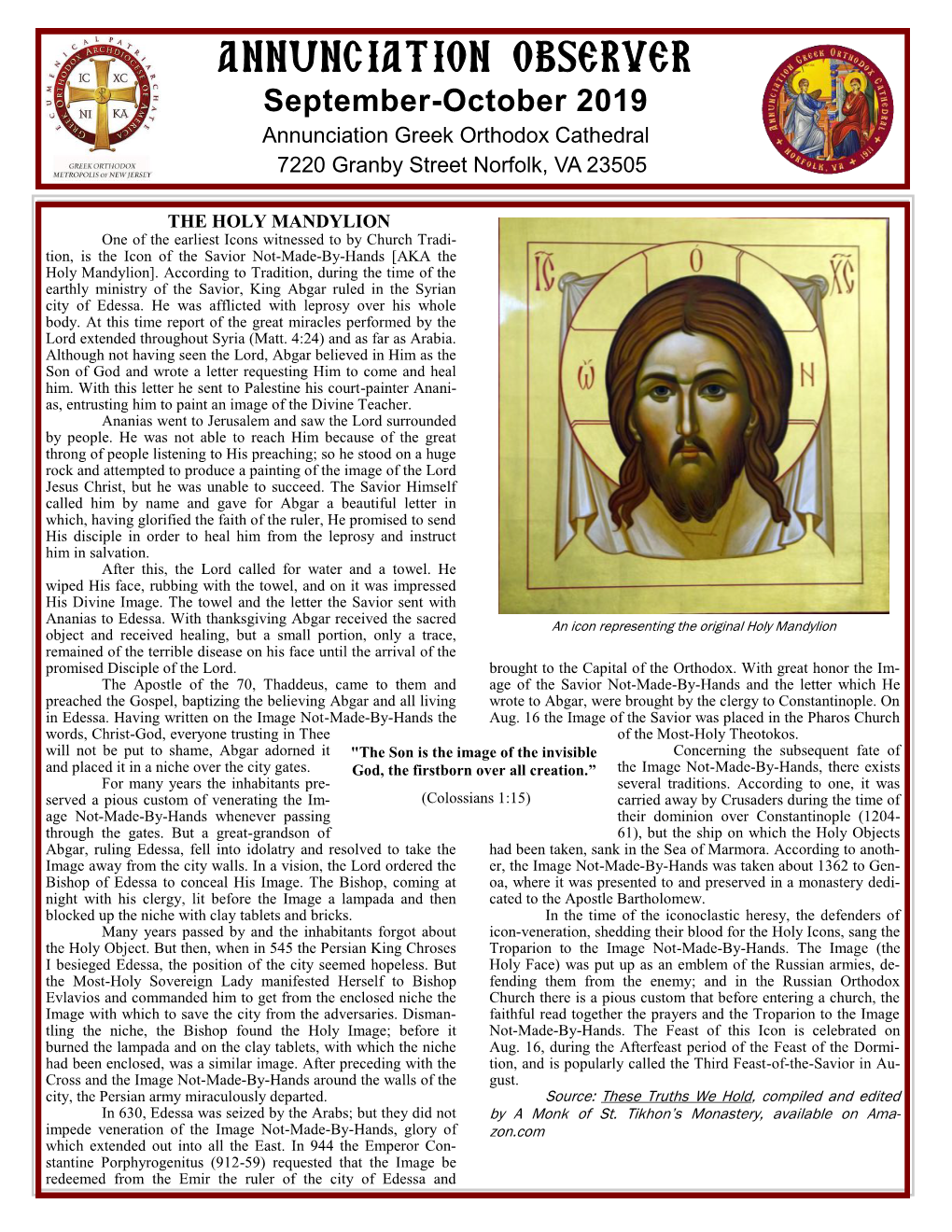 ANNUNCIATION OBSERVER September-October 2019 Annunciation Greek Orthodox Cathedral 7220 Granby Street Norfolk, VA 23505