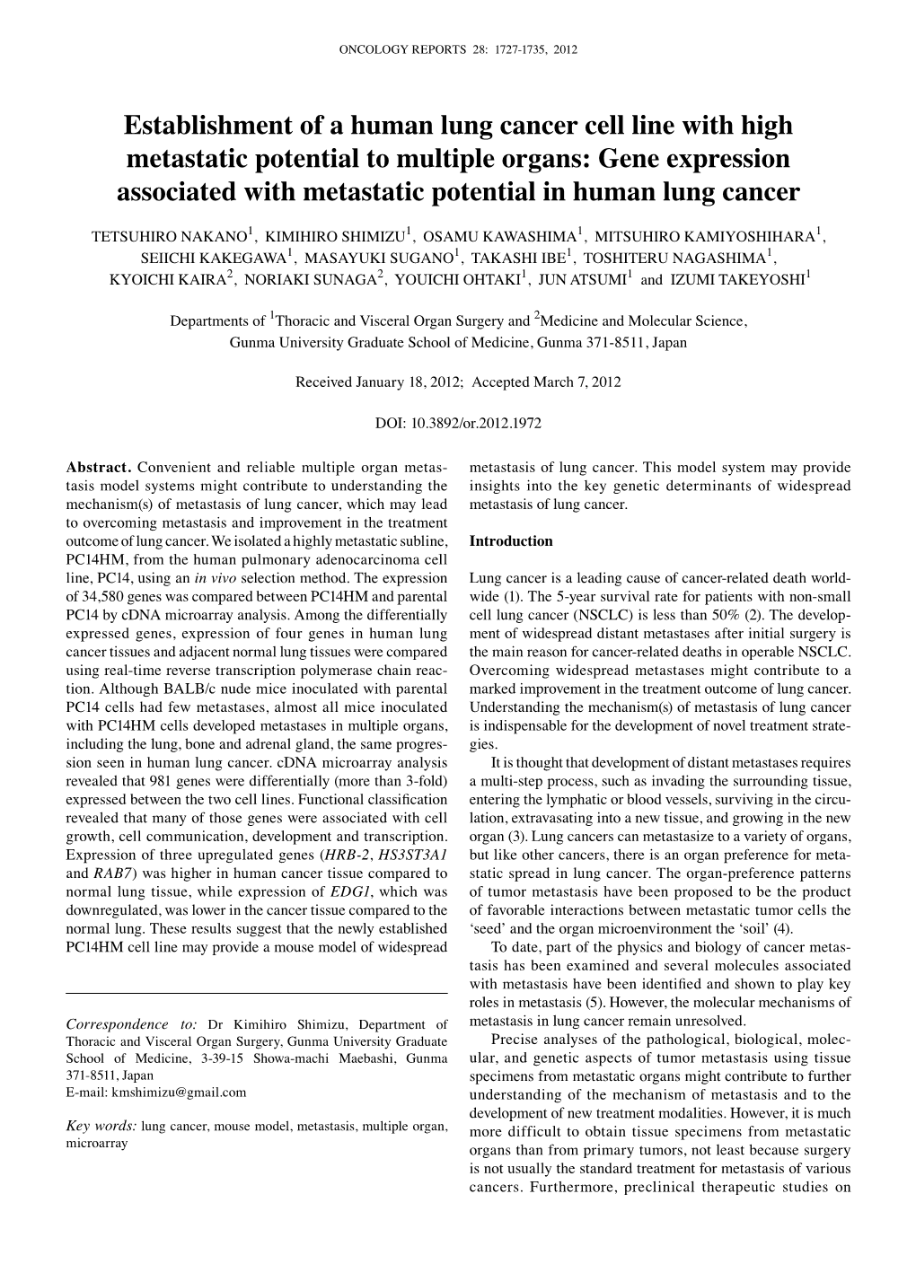Establishment of a Human Lung Cancer Cell Line with High Metastatic