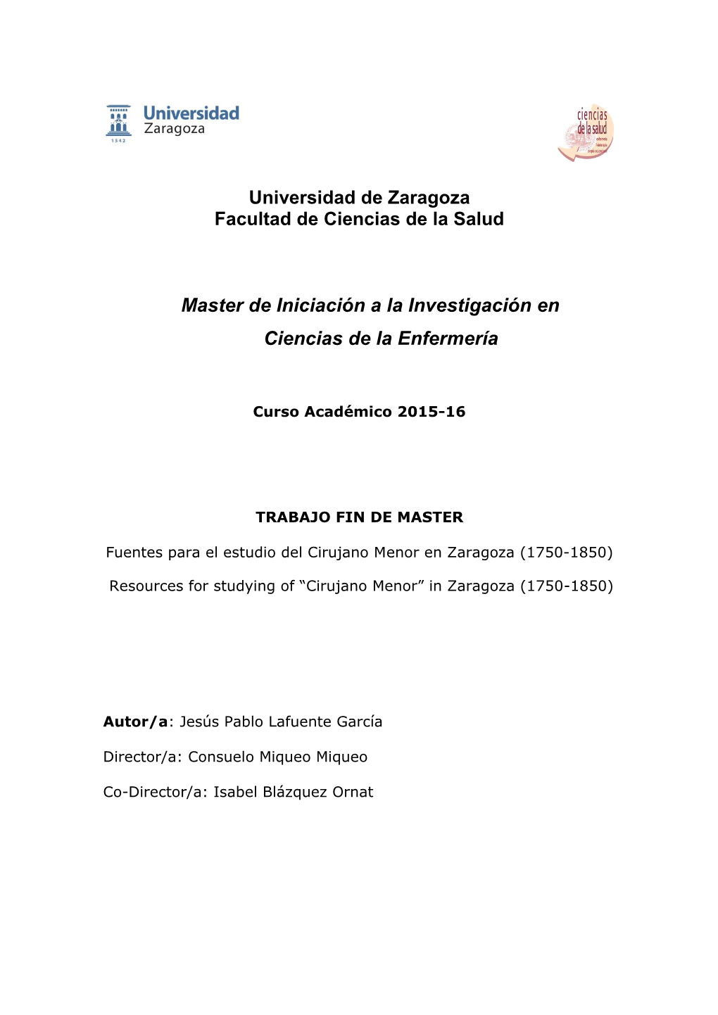 Universidad De Zaragoza Facultad De Ciencias De La Salud Master De Iniciación a La Investigación En Ciencias De La Enfermería