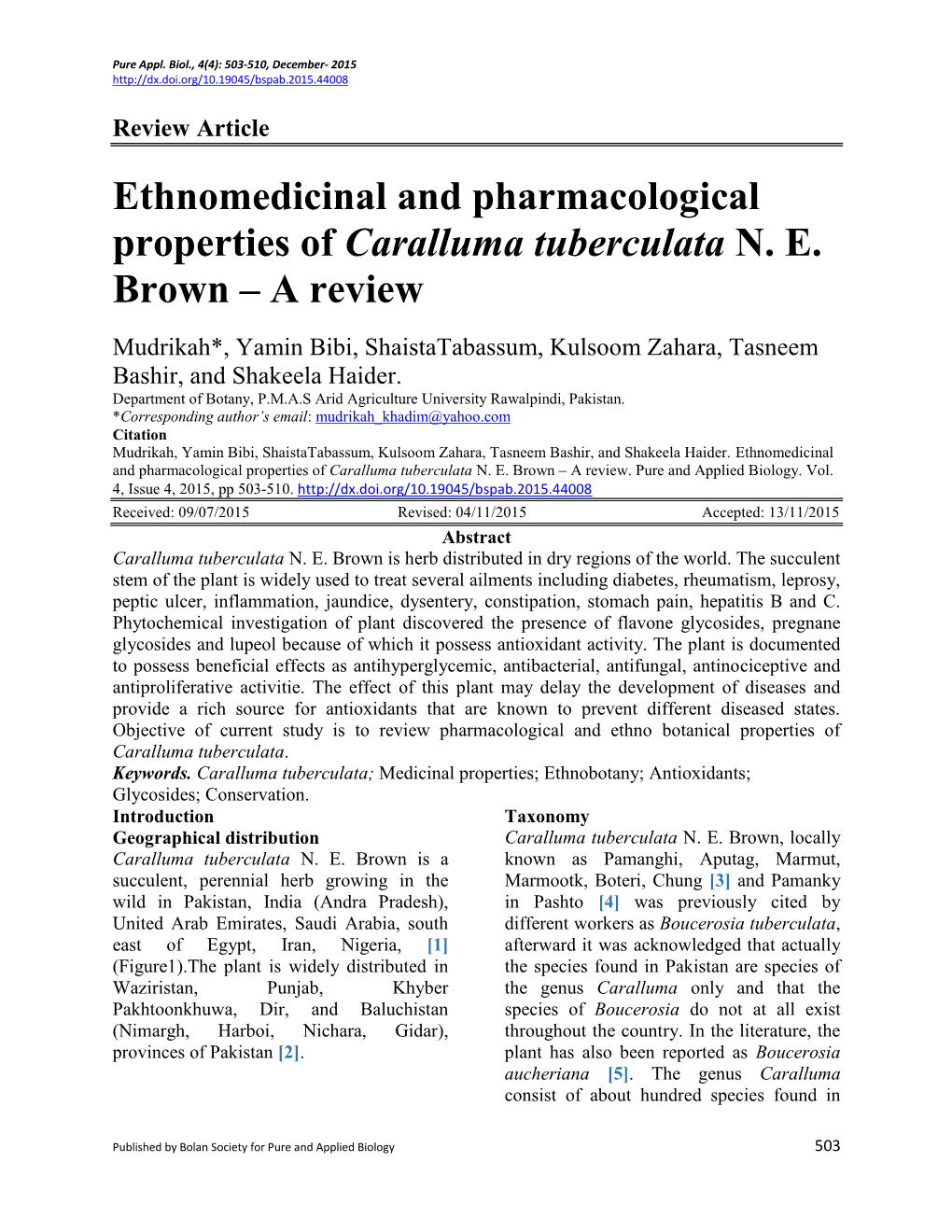 Tasneem Bashir, and Shakeela Haider. Ethnomedicinal and Pharmacological Properties of Caralluma Tuberculata N