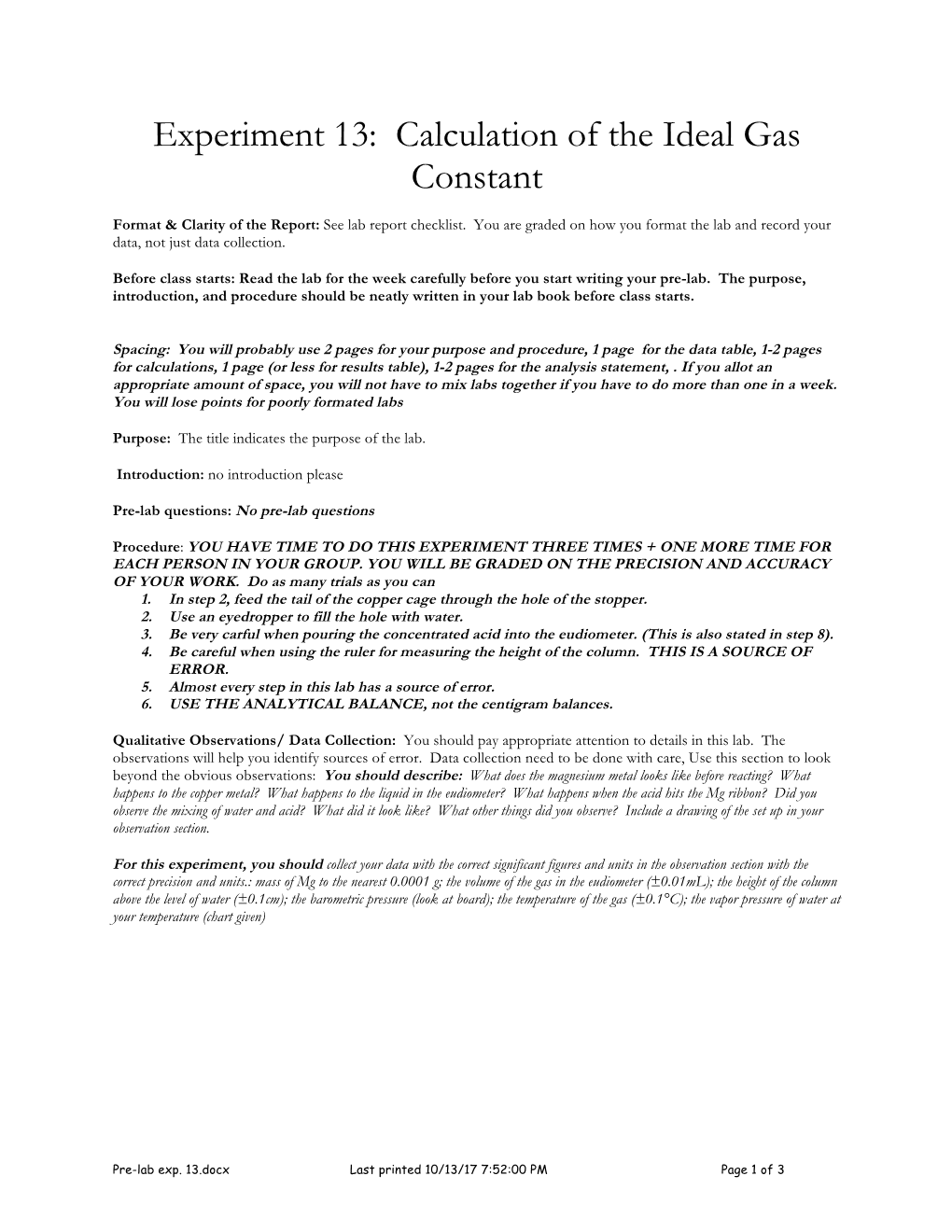 Experiment 13: Calculation of the Ideal Gas Constant