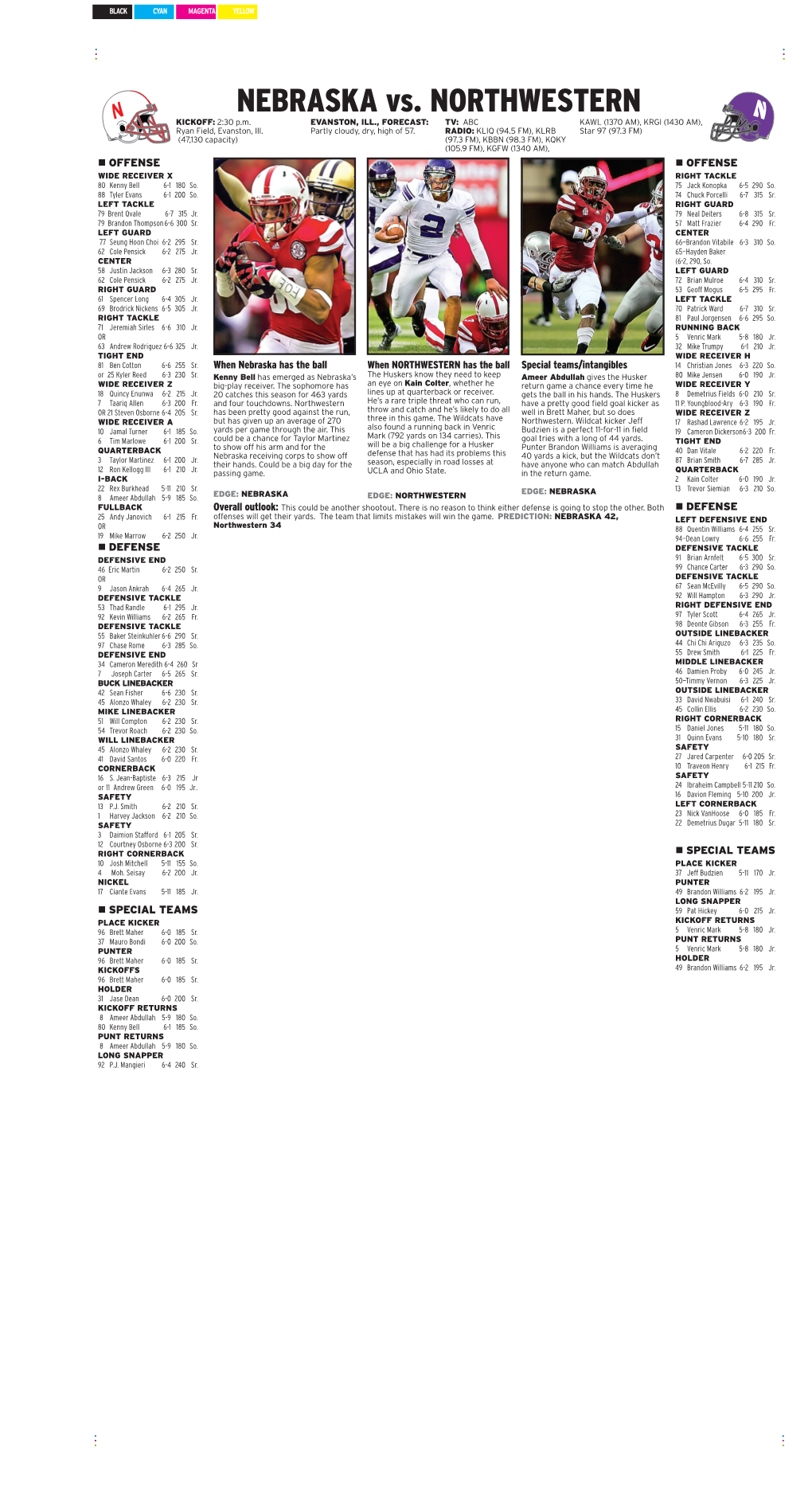 NEBRASKA Vs. NORTHWESTERN KICKOFF: 2:30 P.M