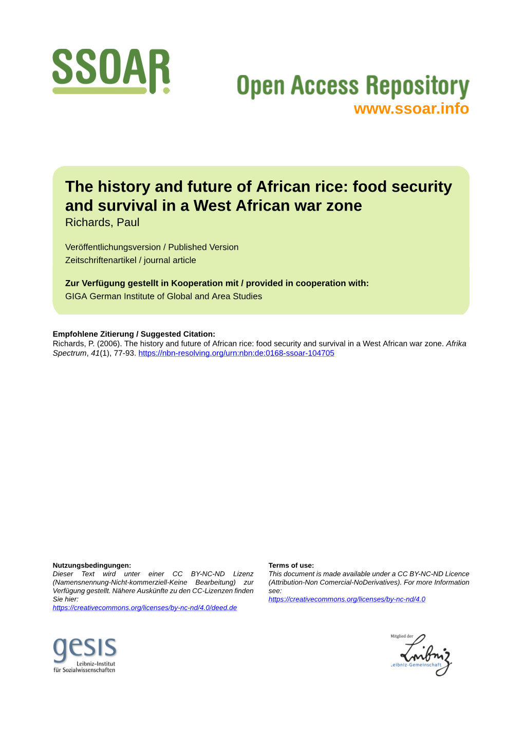 The History and Future of African Rice: Food Security and Survival in a West African War Zone Richards, Paul