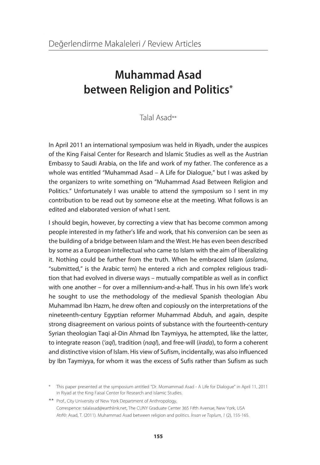 Muhammad Asad Between Religion and Politics*