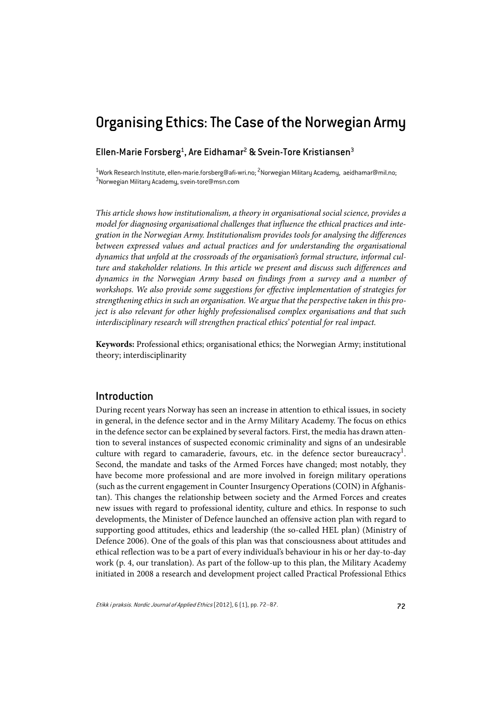 Organising Ethics: the Case of the Norwegian Army