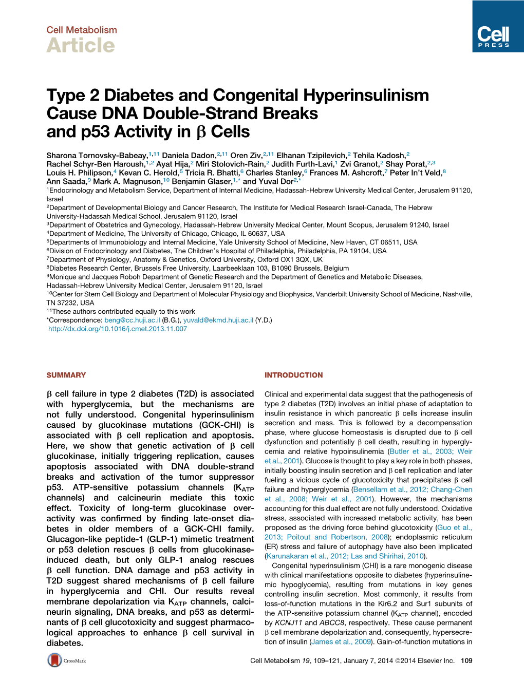 Type 2 Diabetes and Congenital Hyperinsulinism Cause DNA Double-Strand Breaks and P53 Activity in B Cells
