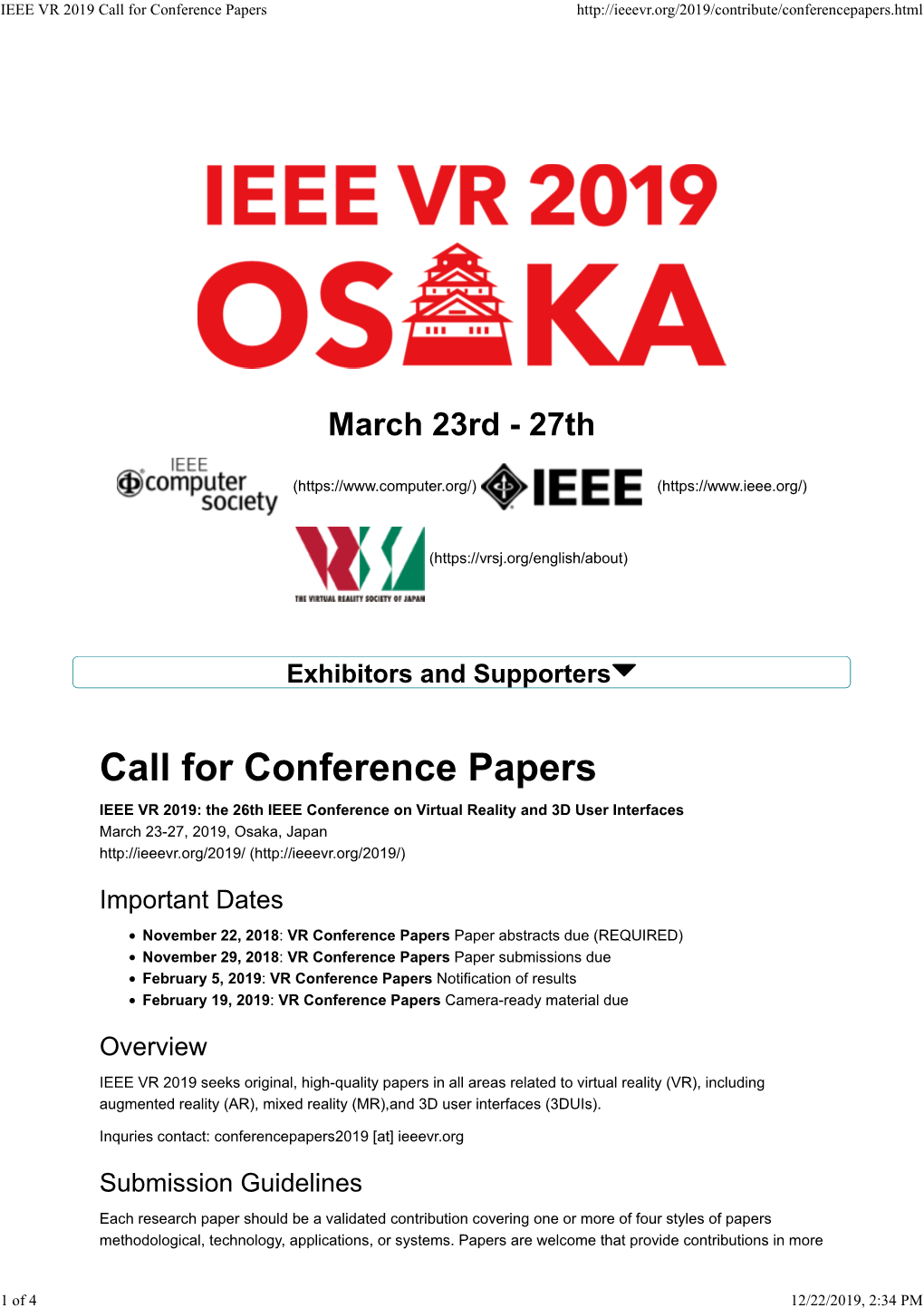 IEEE VR 2019 Call for Conference Papers