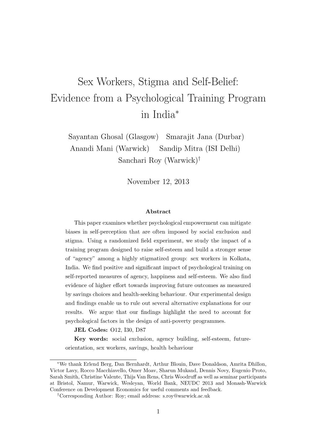 Sex Workers, Stigma and Self-Belief: Evidence from a Psychological Training Program in India∗
