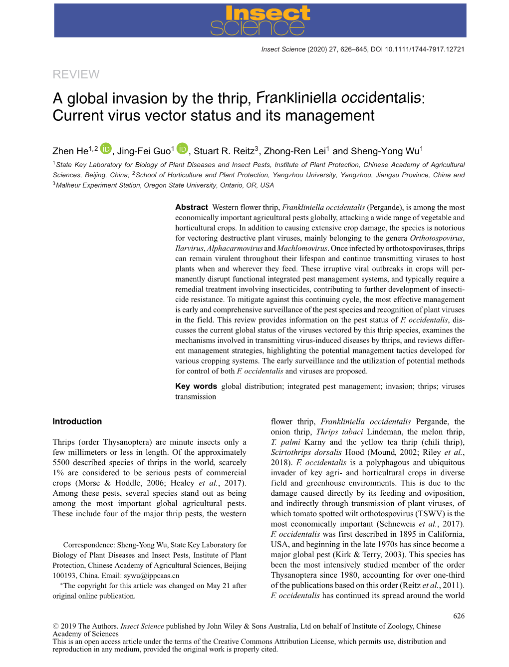 A Global Invasion by the Thrip, Frankliniella Occidentalis: Current Virus Vector Status and Its Management