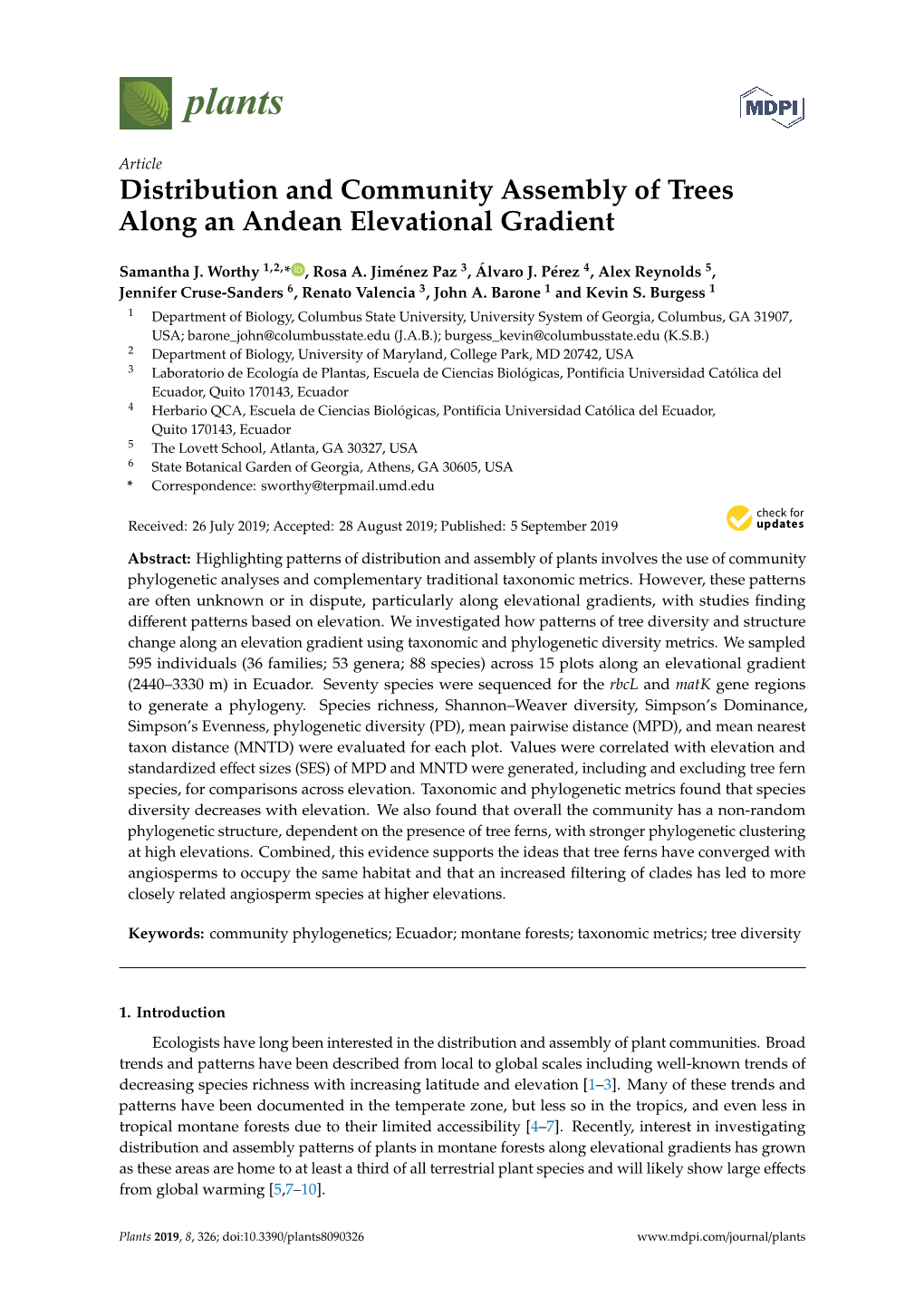 Distribution and Community Assembly of Trees Along an Andean Elevational Gradient