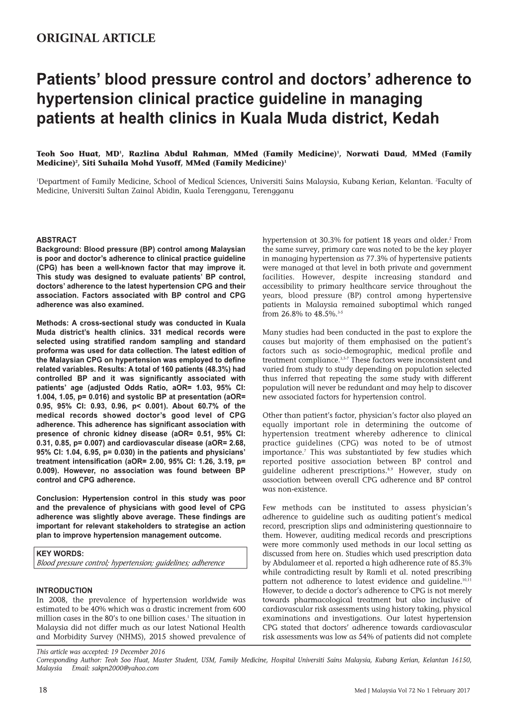 Patients' Blood Pressure Control and Doctors' Adherence to Hypertension