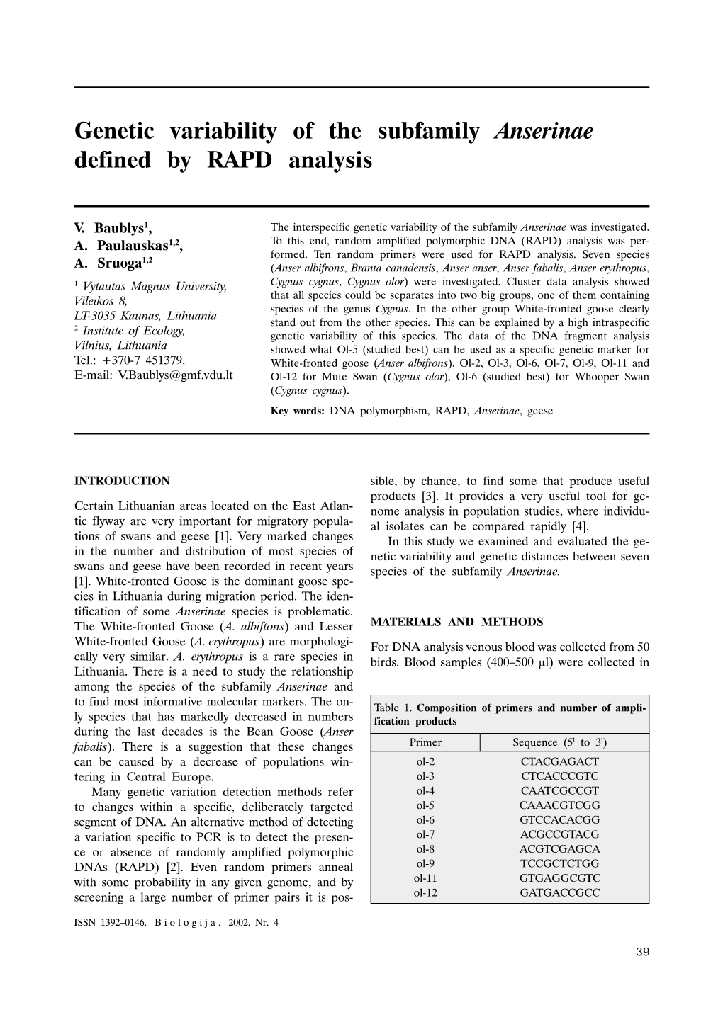 Genetic Variability of the Subfamily Anserinae Defined by RAPD Analysis