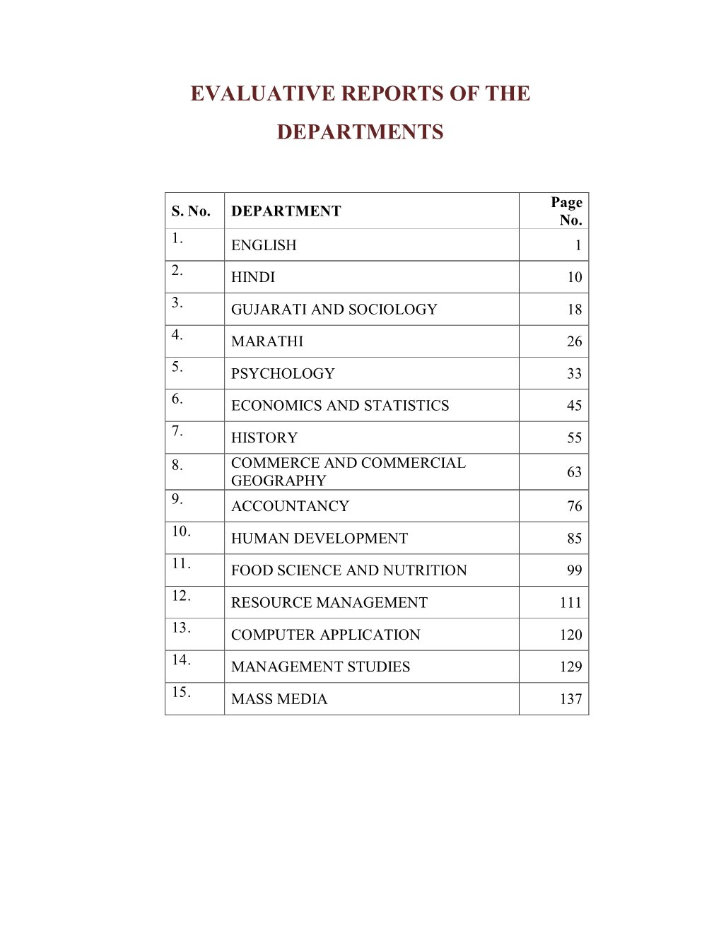 Evaluative Reports of the Departments