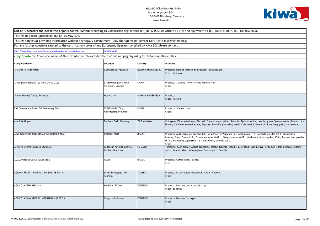 Kiwa BCS Öko-Garantie Gmbh Marientorgraben 3-5 D-90402 Nürnberg, Germany