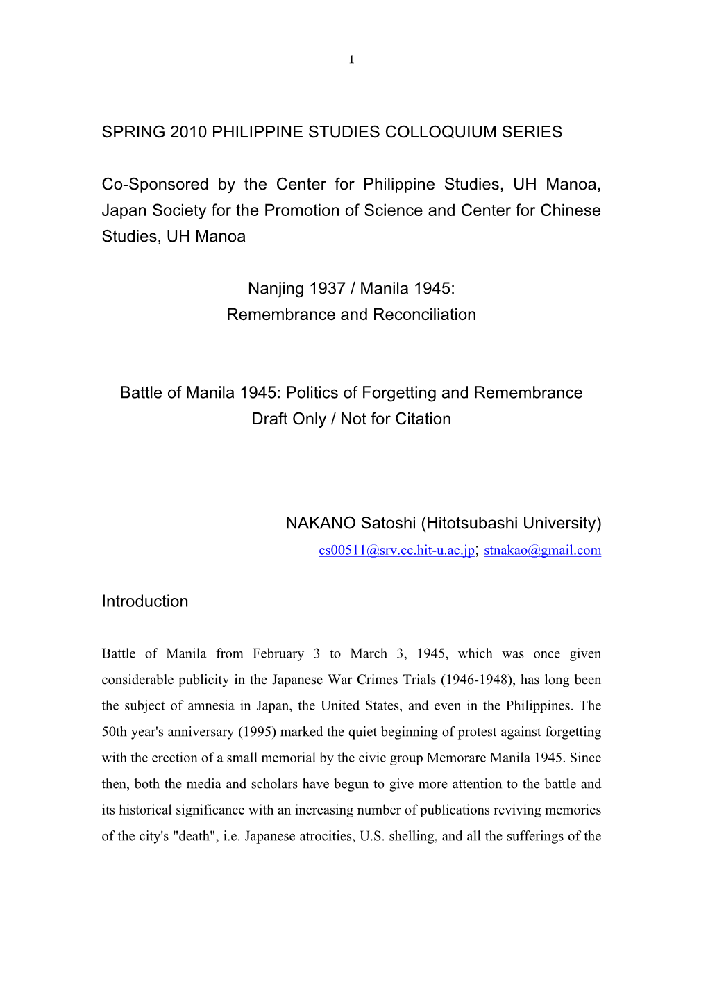 SPRING 2010 PHILIPPINE STUDIES COLLOQUIUM SERIES Co