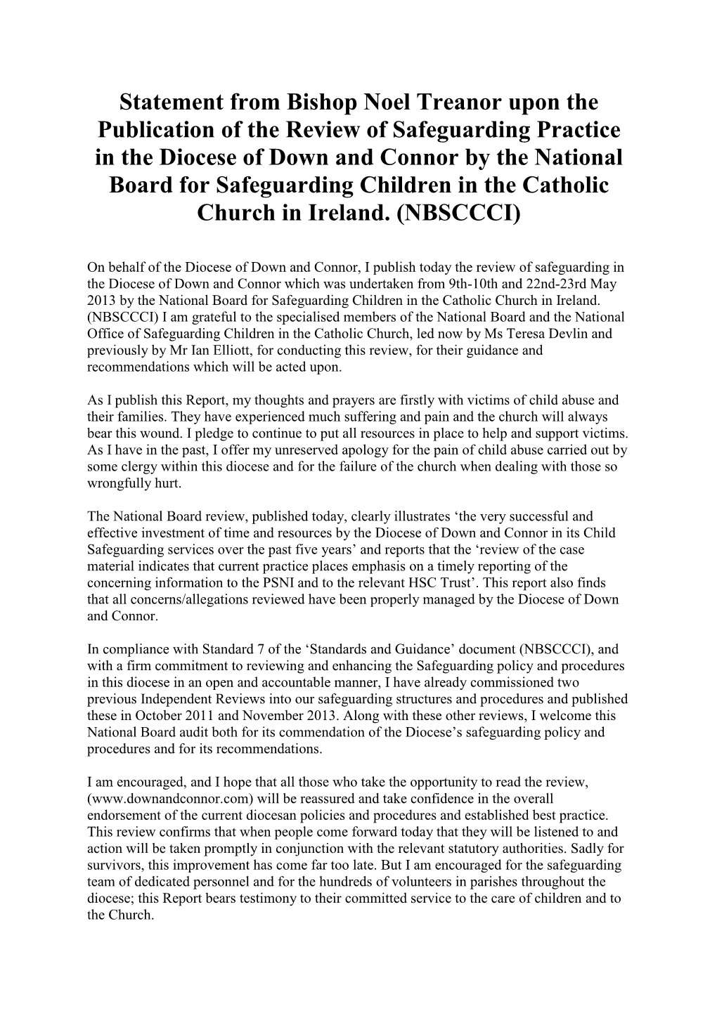 Statement from Bishop Noel Treanor Upon the Publication of the Review