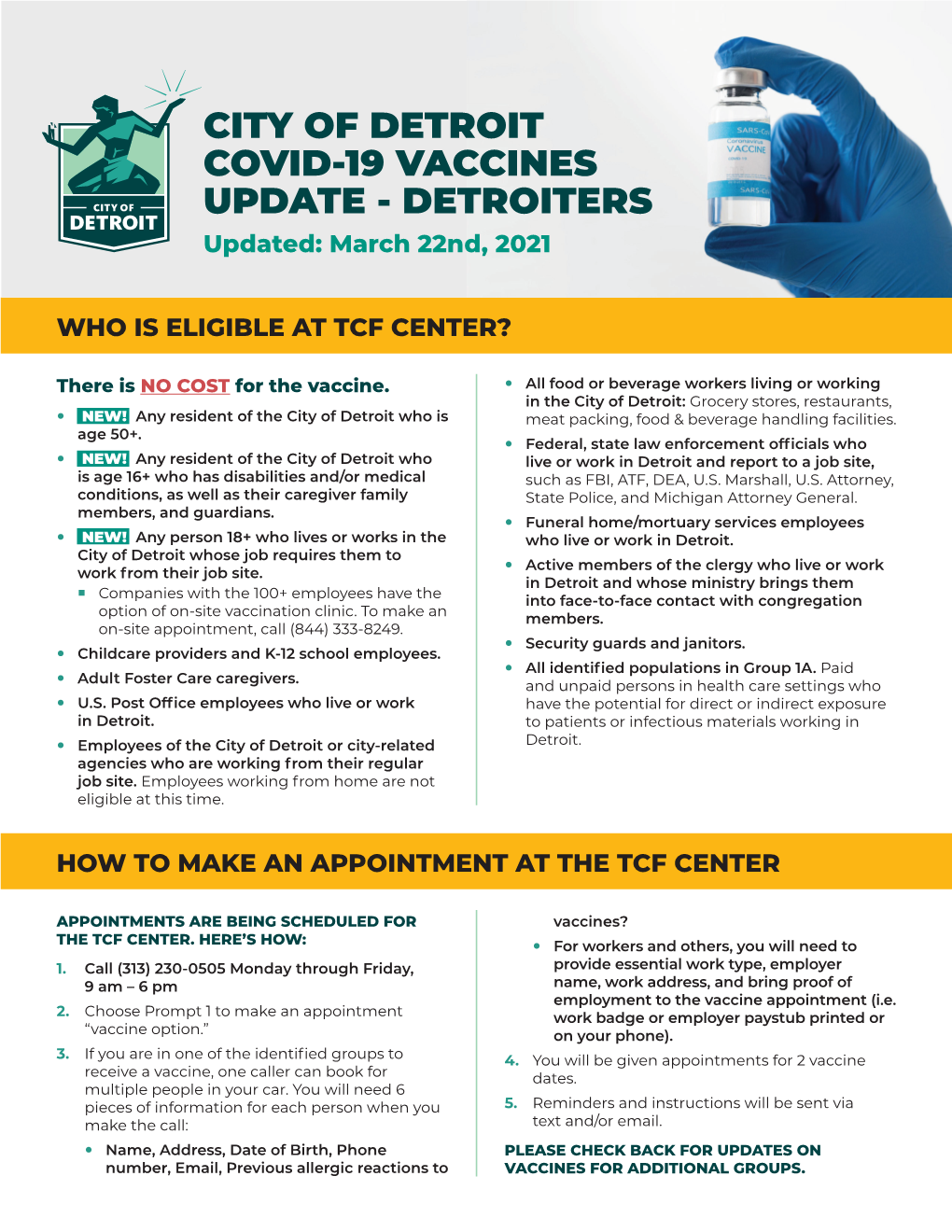 CITY of DETROIT COVID-19 VACCINES UPDATE - DETROITERS Updated: March 22Nd, 2021